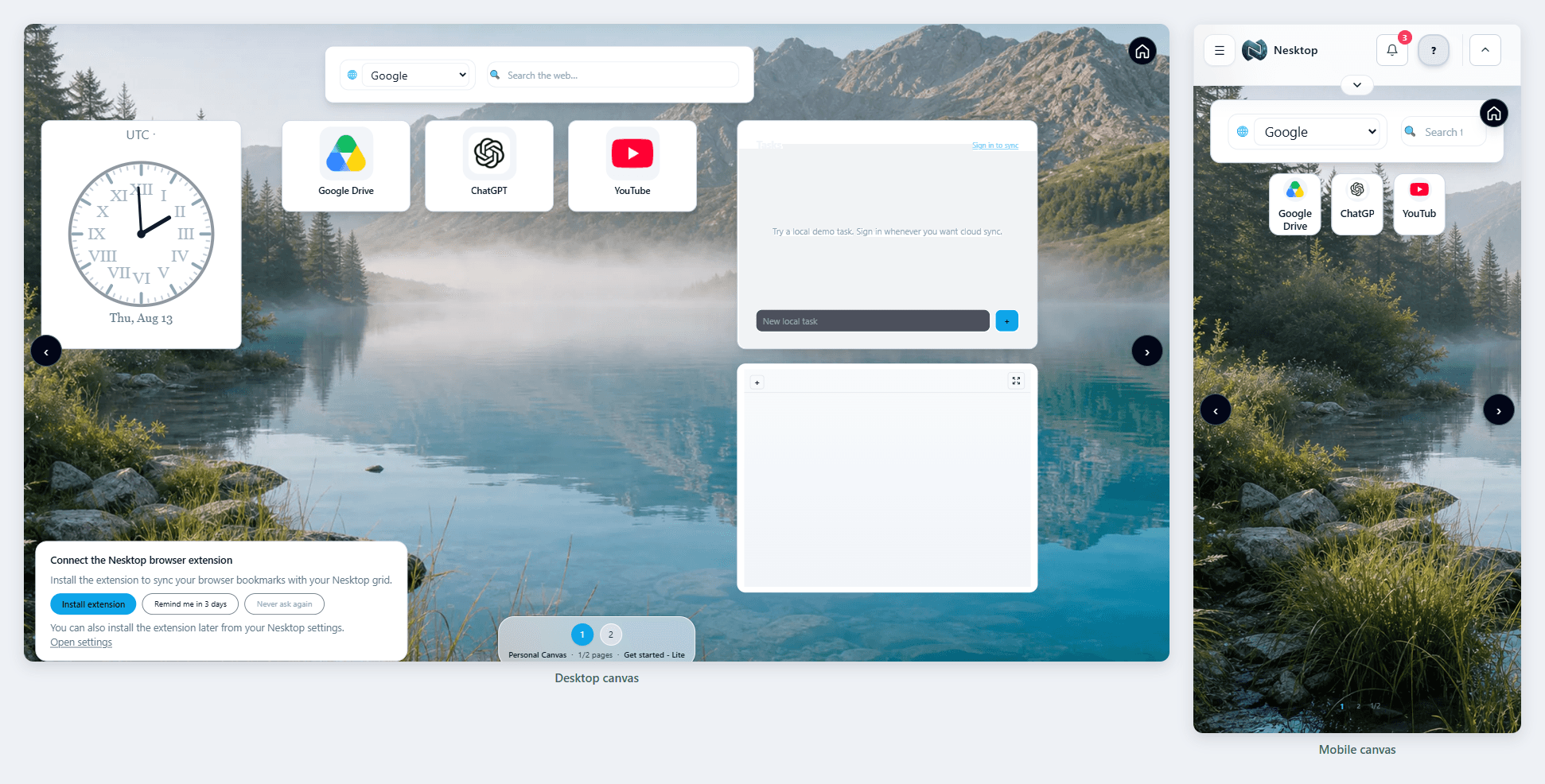 The same NESKTOP layout applied on the real Desktop canvas and the real Mobile canvas
