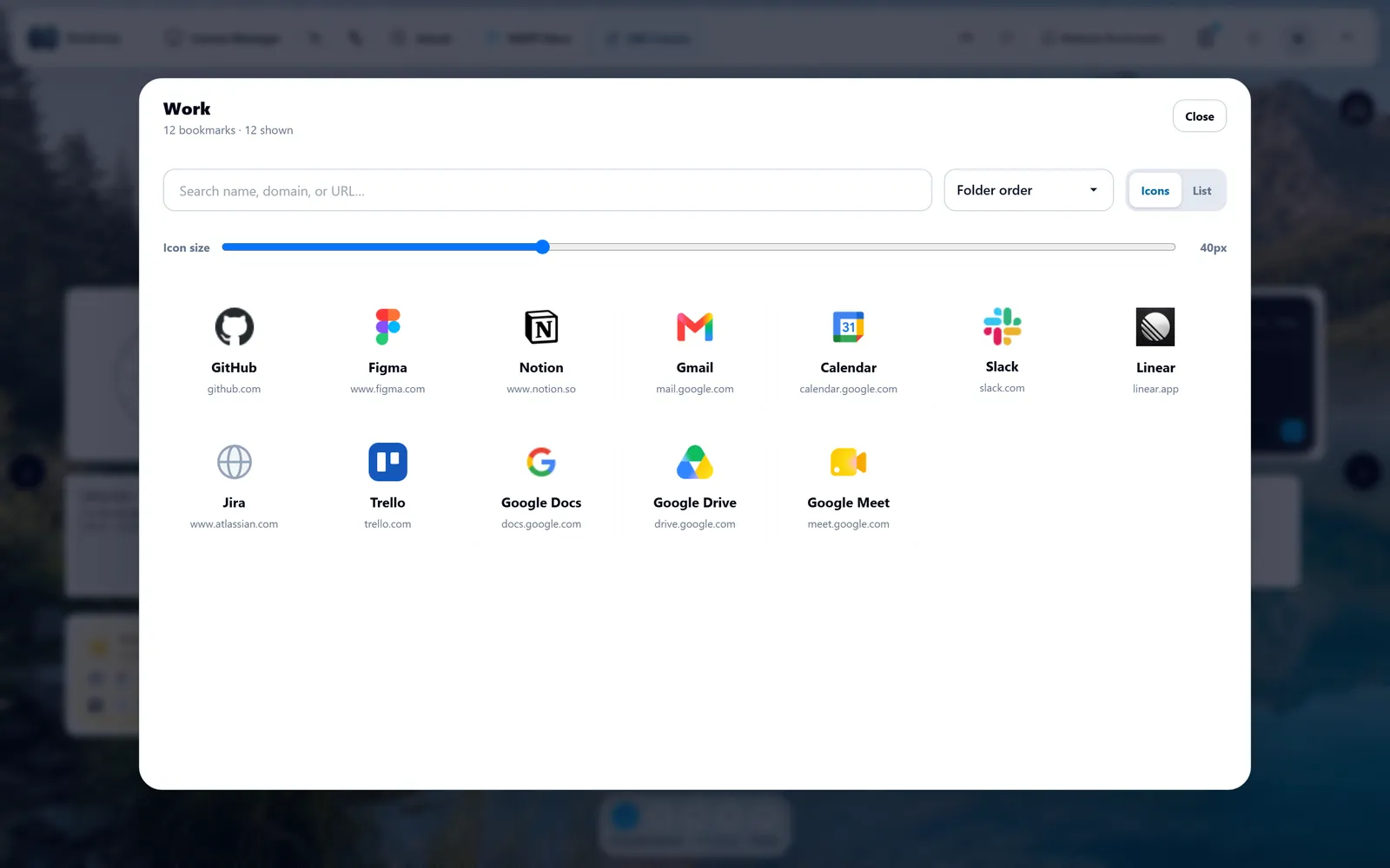 visual bookmarks with live site icons