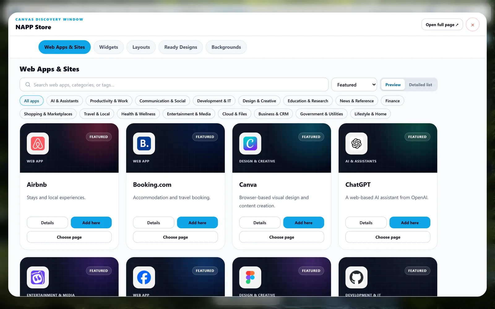 NAPP store with embeddable web apps