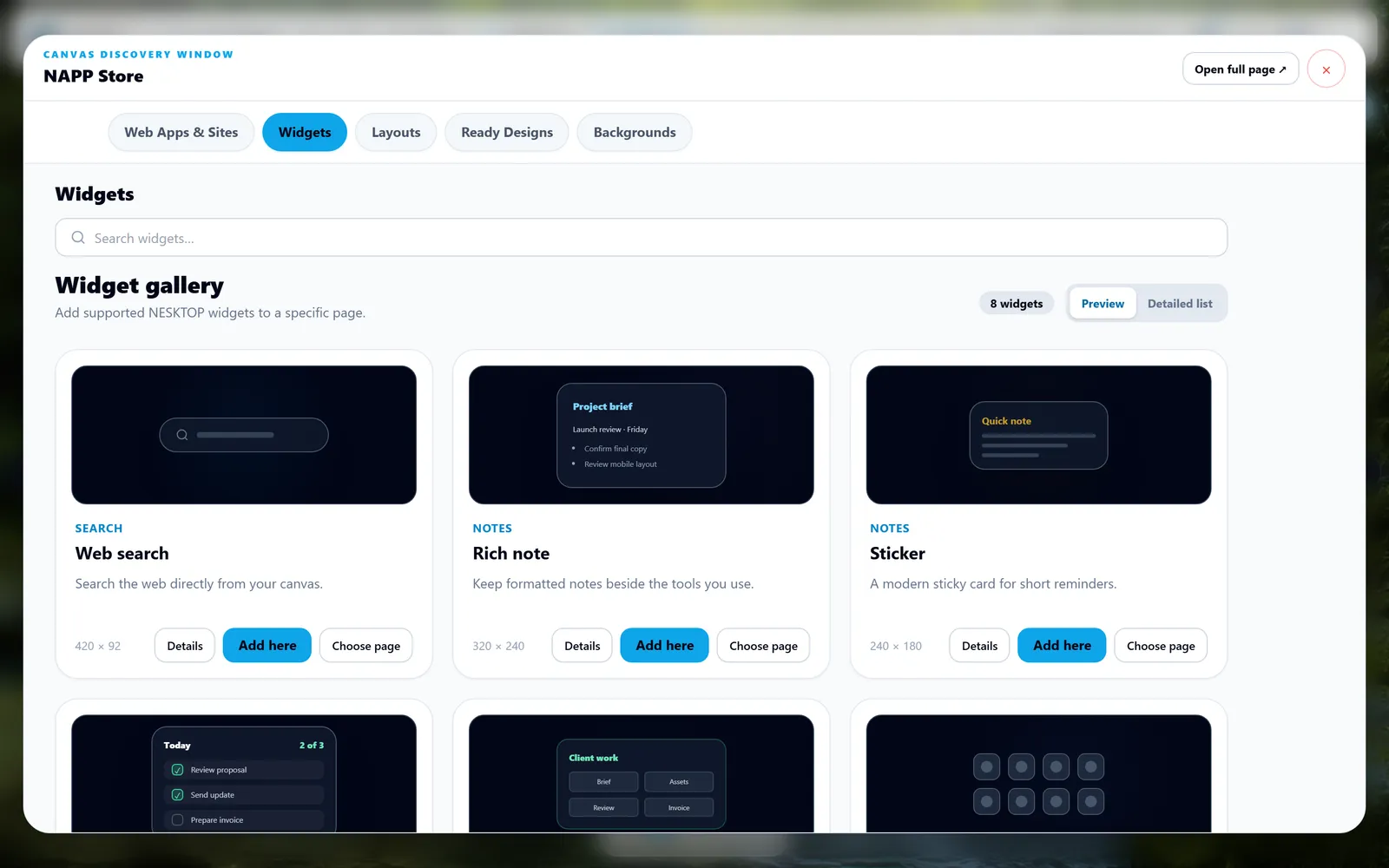 widget store with clocks, notes, tasks and search