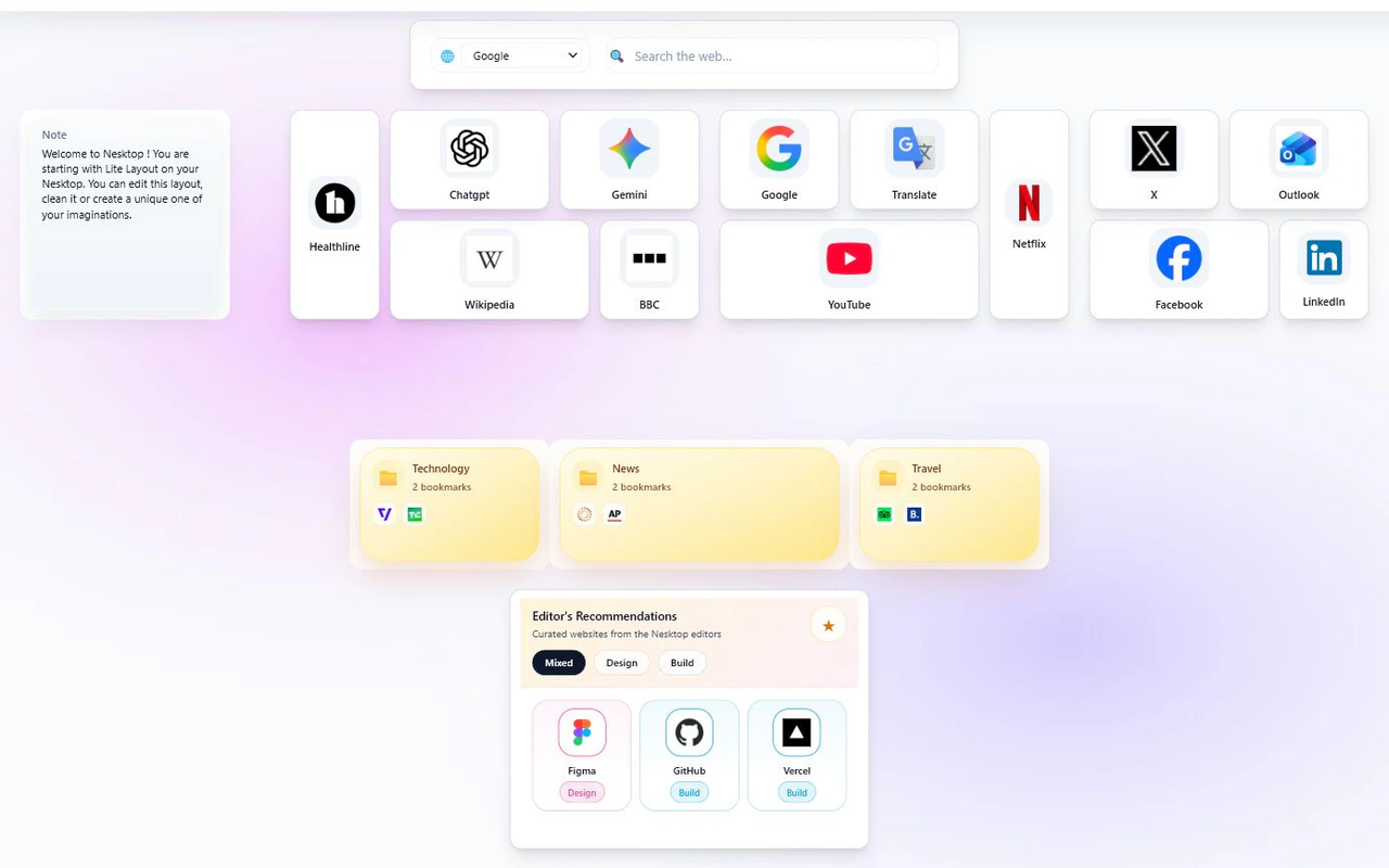 Nesktop discovery guest canvas with folders, bookmarks, and a collision-free Editor Recommendations widget